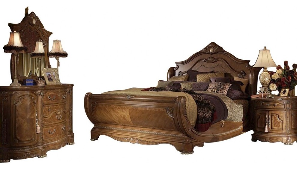 Aico Cortina Sleigh Honey Walnut Bedroom Set King