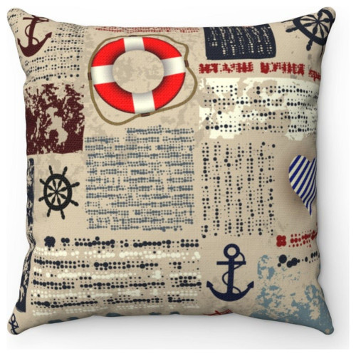 Beach Throw Pillows - Designer Nautical Vintage Patchwork Throw Pillow On Tan