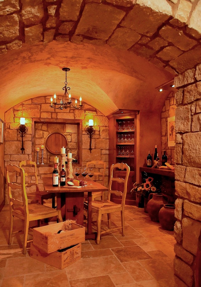 Traditional wine cellar in Detroit with orange floor.