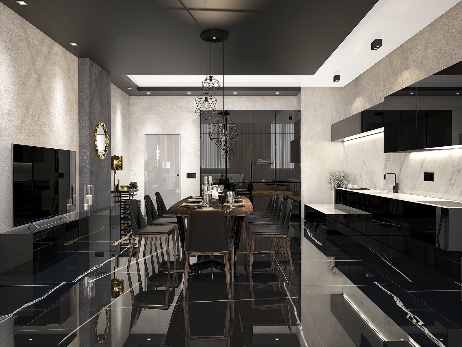 Черная кухня-столовая в квартире "холостяка"