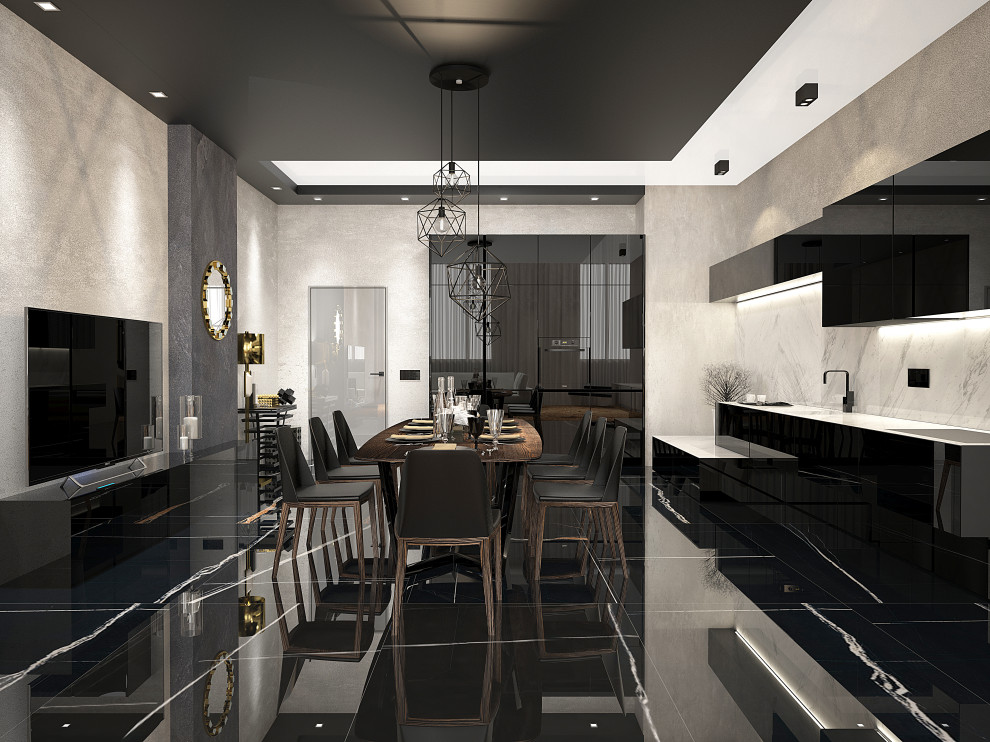 Черная кухня-столовая в квартире "холостяка"