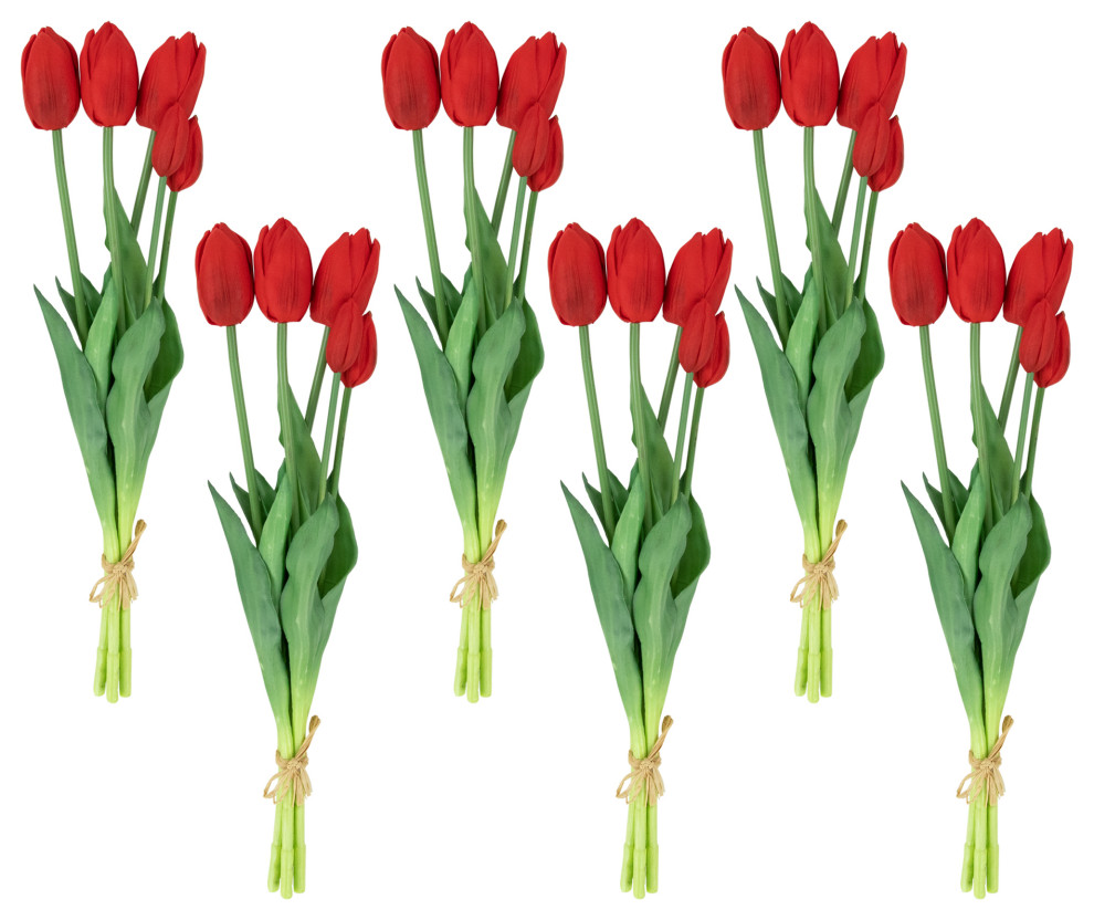 Set of 6 Red Tulip Artificial Floral Bundles 18" Modern Artificial