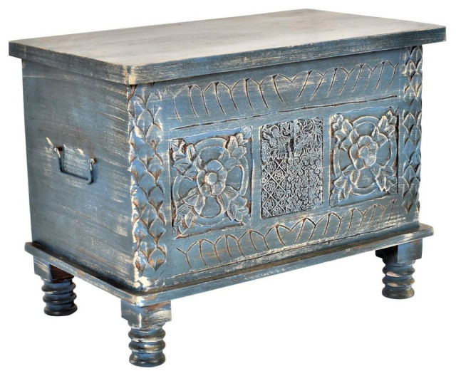 25x15 Distressed Blue Hand Carved Box Storage Trunk With Legs Nochi