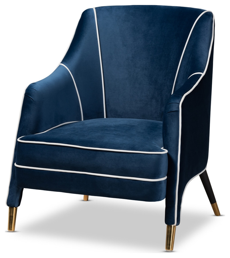 Navy Blue Velvet Fabric Upholstered Gold Finished Armchair Midcentury