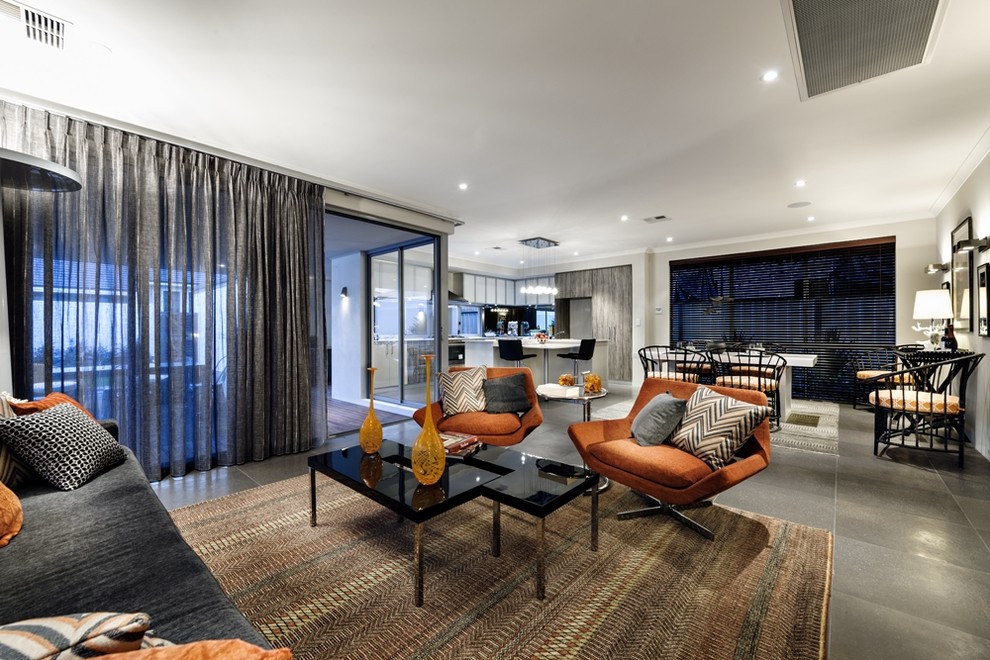Contemporary living room in Perth with grey walls and ceramic floors.