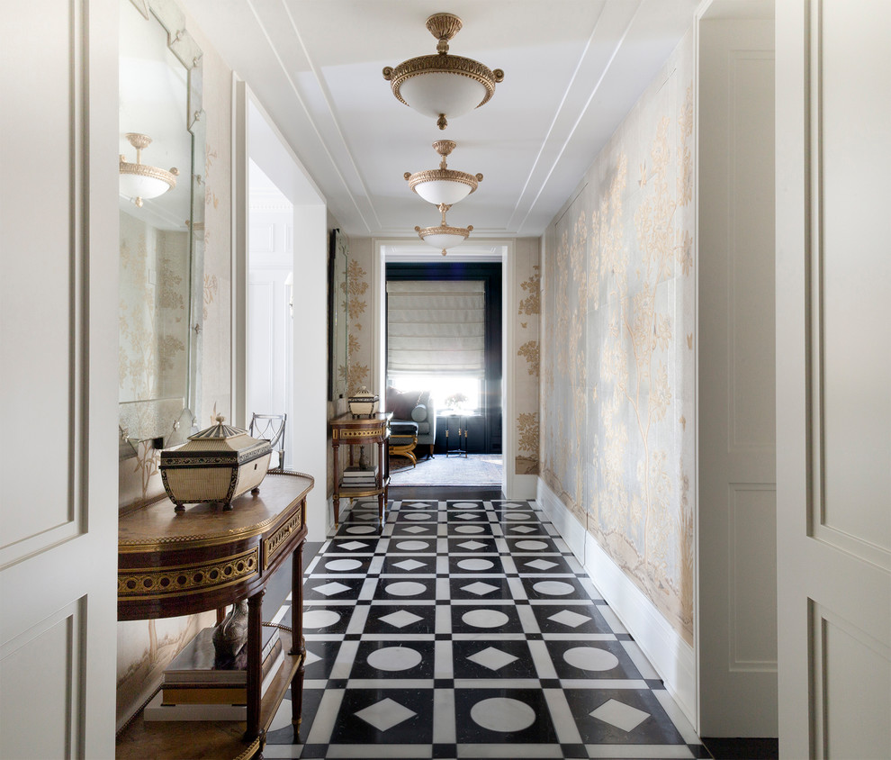 This is an example of a large traditional hallway in Chicago with porcelain floors and multi-coloured floor.