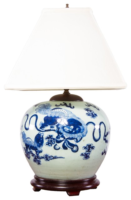Chinese Blue & White Porcelain Lamp w/wood base and Shade