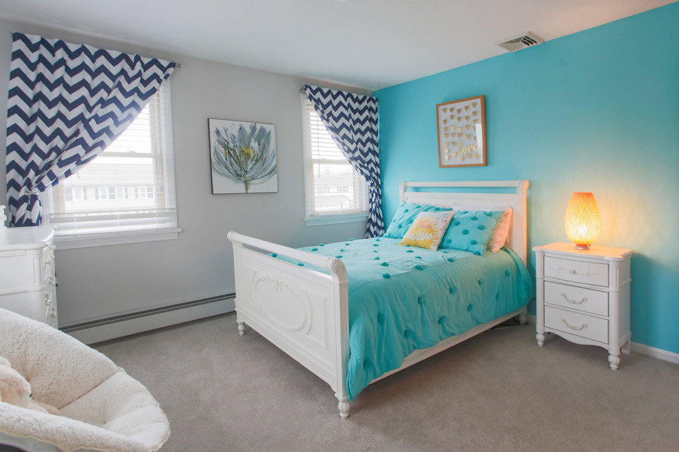 Mid-sized contemporary kids' room in Bridgeport with grey walls and carpet for girls.