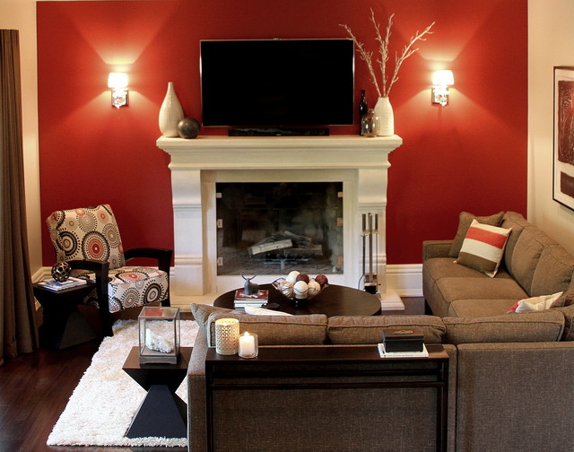 Contemporary Family Room With Red Accent Wall Contemporary