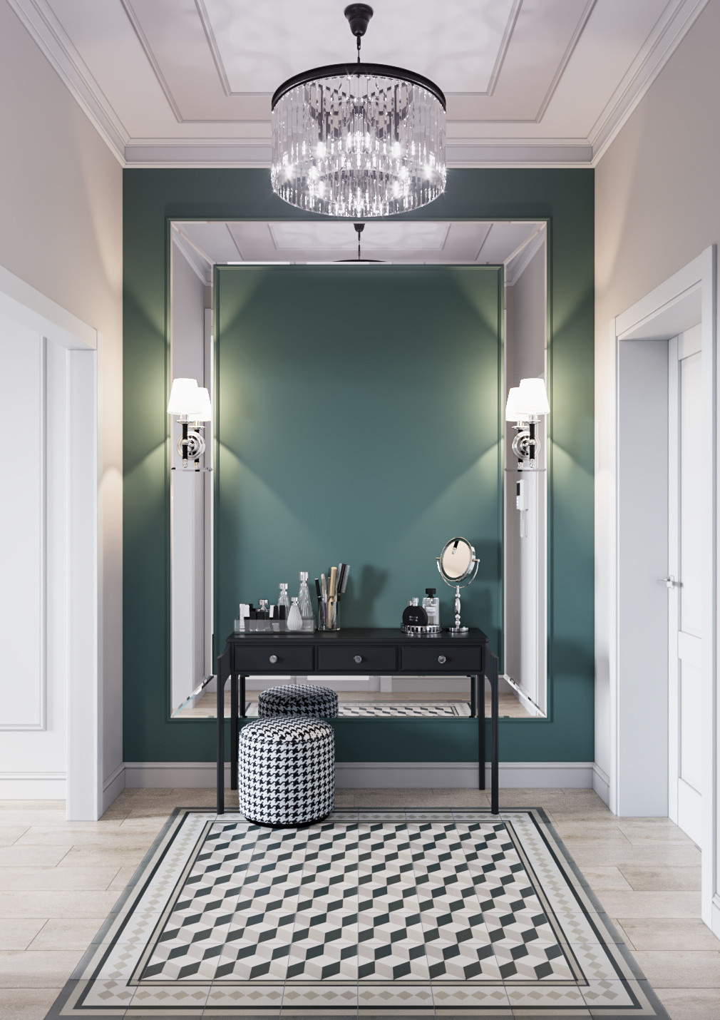 Дизайн интерьера в неоклассике с зелеными акцентами