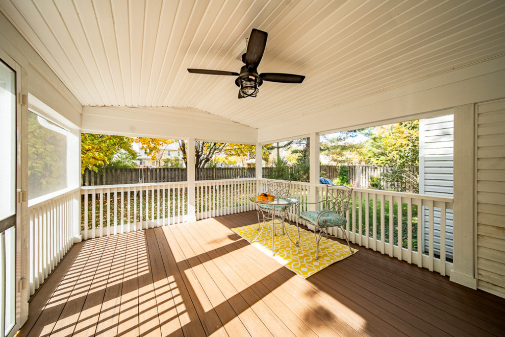 Exempel på en mellanstor klassisk innätad veranda på baksidan av huset, med trädäck, takförlängning och räcke i trä