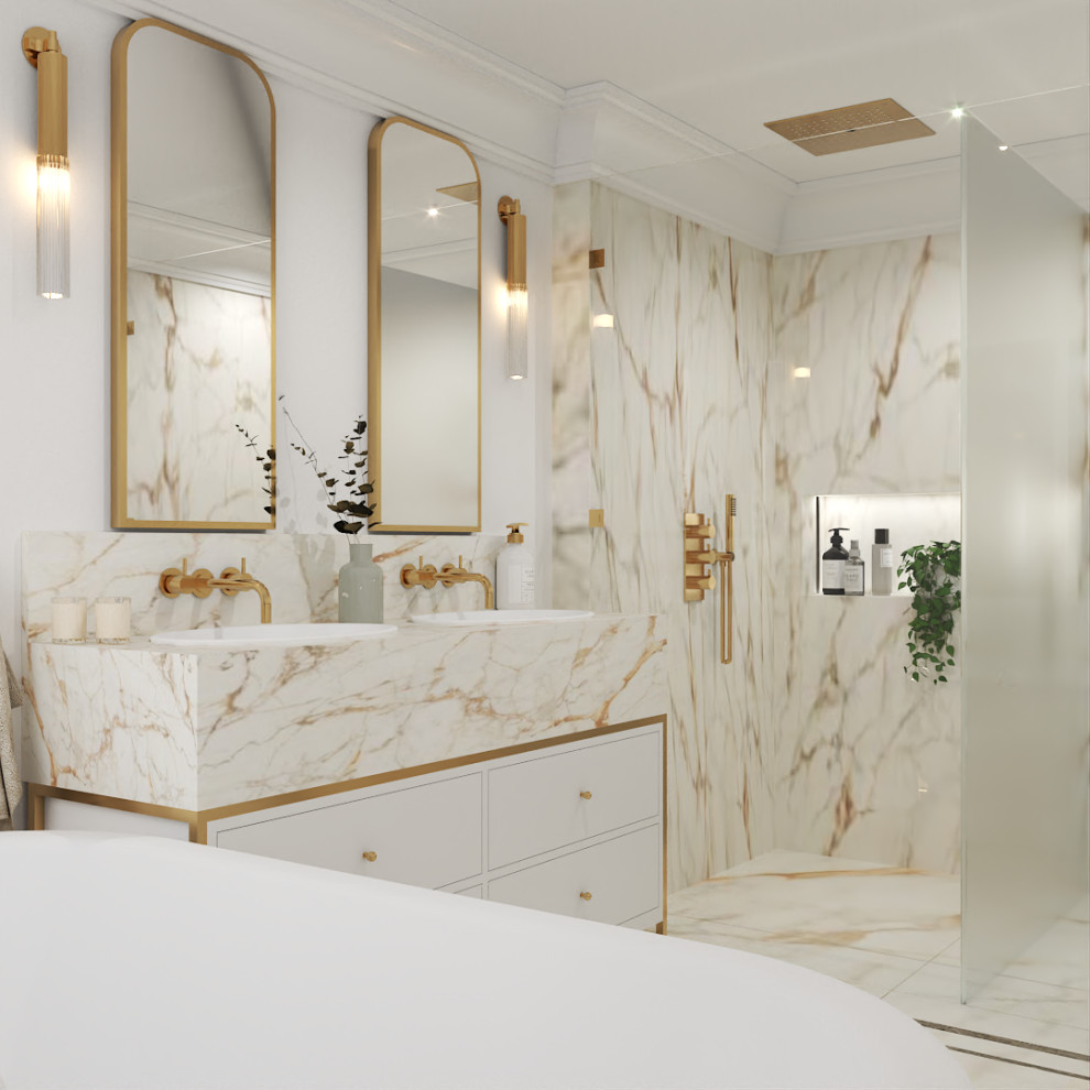 На фото: большая главная ванная комната в классическом стиле с плоскими фасадами, белыми фасадами, отдельно стоящей ванной, душевой комнатой, инсталляцией, белой плиткой, мраморной плиткой, белыми стенами, мраморным полом, врезной раковиной, мраморной столешницей, белым полом, душем с распашными дверями, белой столешницей, нишей, тумбой под две раковины и напольной тумбой