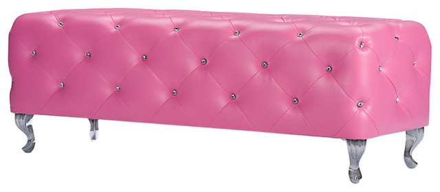 Stella Crystal Tufted Pink Leather Modern Bench Contemporary