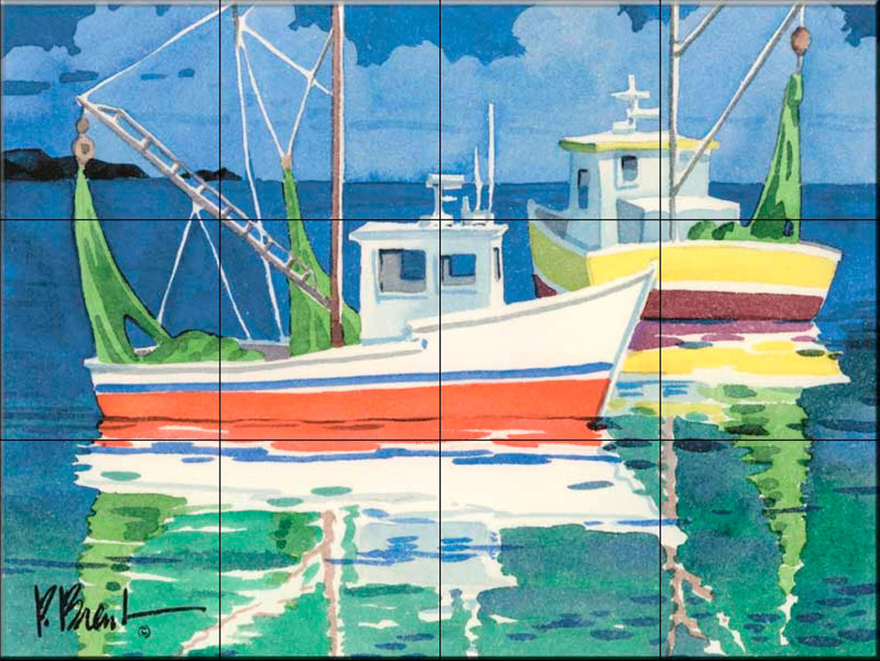 Tile Mural, Fishing Boats At Sea by Paul Brent