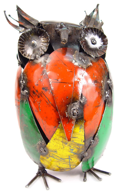 Colorful Recycled Metal Owls, Eco Art, Medium