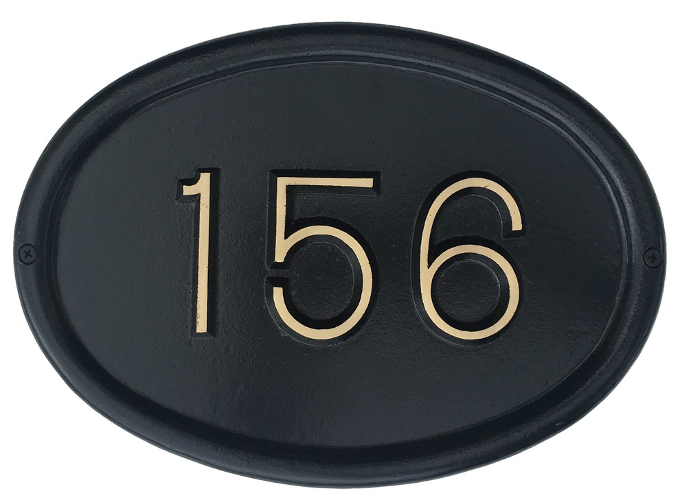 Address Plaque Traditional Albert Oval Black Solid Brass 3 1/2" Times Font
