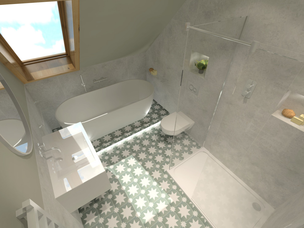 На фото: детская ванная комната среднего размера в современном стиле с плоскими фасадами, белыми фасадами, отдельно стоящей ванной, открытым душем, инсталляцией, серой плиткой, керамогранитной плиткой, зелеными стенами, полом из керамогранита, монолитной раковиной, столешницей из искусственного камня, зеленым полом, открытым душем, белой столешницей, нишей, тумбой под одну раковину, подвесной тумбой и сводчатым потолком с