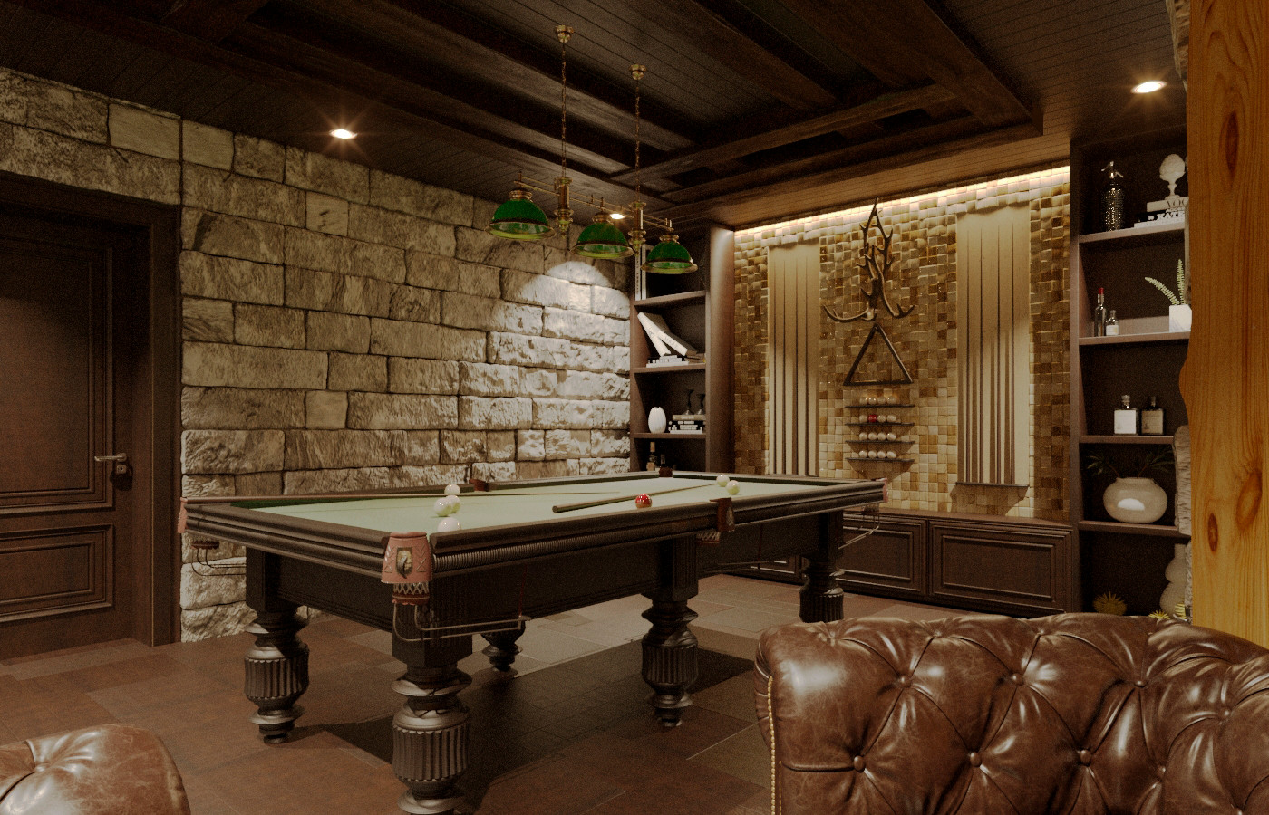 Цокольный этаж загородного дома, зона для отдыха