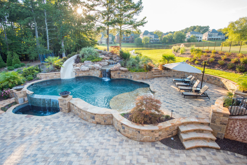 Стильный дизайн: большой естественный ландшафтный бассейн произвольной формы на заднем дворе в классическом стиле - последний тренд