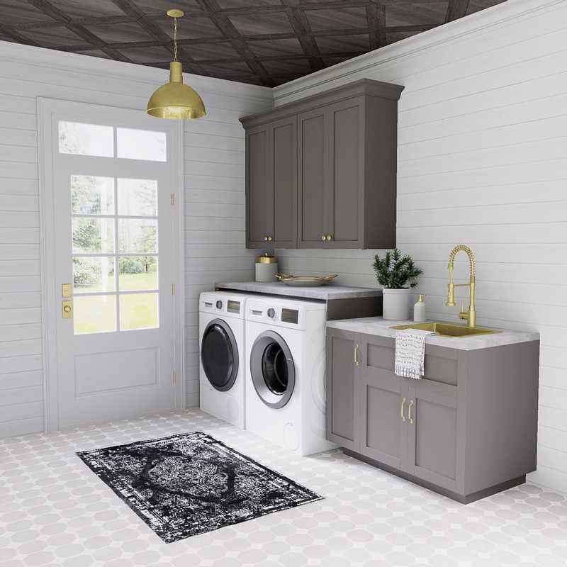 Mid-sized transitional single-wall ceramic tile, gray floor, wood ceiling and shiplap wall dedicated laundry room photo in New York with a drop-in sink, shaker cabinets, gray cabinets, concrete countertops, white backsplash, shiplap backsplash, white walls, a side-by-side washer/dryer and gray countertops