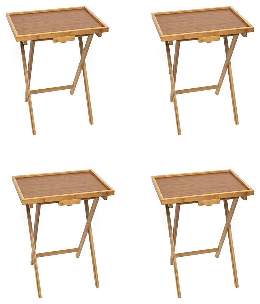 Bamboo Tray Tables Folding with Spill Protection Lip, Set of 4 Transitional Tv Trays by