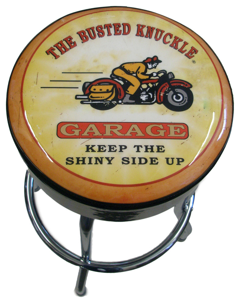 Busted Knuckle Garage Stool, Motorcycle Graphic Industrial Bar Stools And Counter Stools