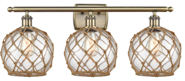 Farmhouse Rope 3 Light Bathroom Vanity Light in Antique Brass - Beach ...
