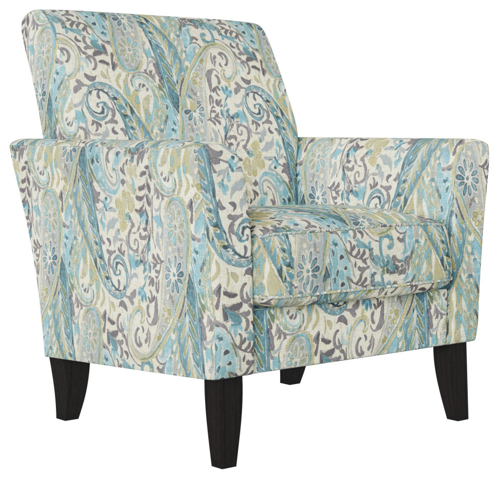 Transitional Armchair, Sky Blue Paisley Upholstered Seat With Flared