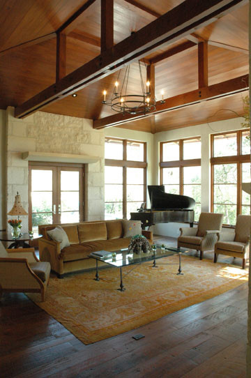 Living Room Grand Piano Vaulted Ceiling Wood Planked