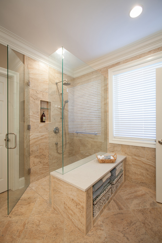 This is an example of a mid-sized traditional master bathroom in Cincinnati with open cabinets, beige cabinets, quartzite benchtops, a curbless shower, beige tile, porcelain tile, brown walls and porcelain floors.