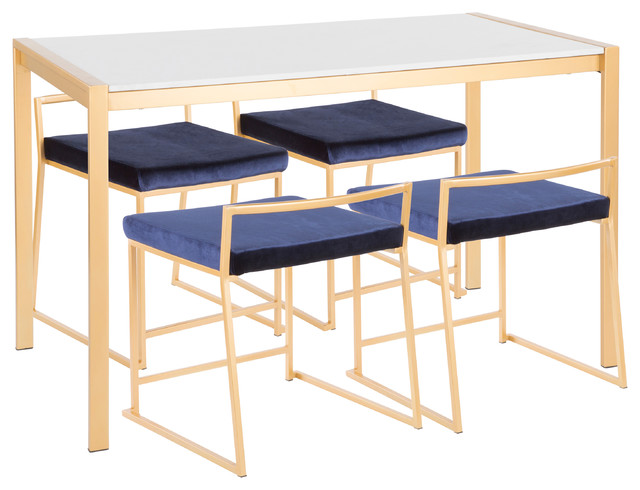 Fuji 5-Piece Contemporary/Glam Dining Set, Blue Velvet, White Marble, Gold Metal