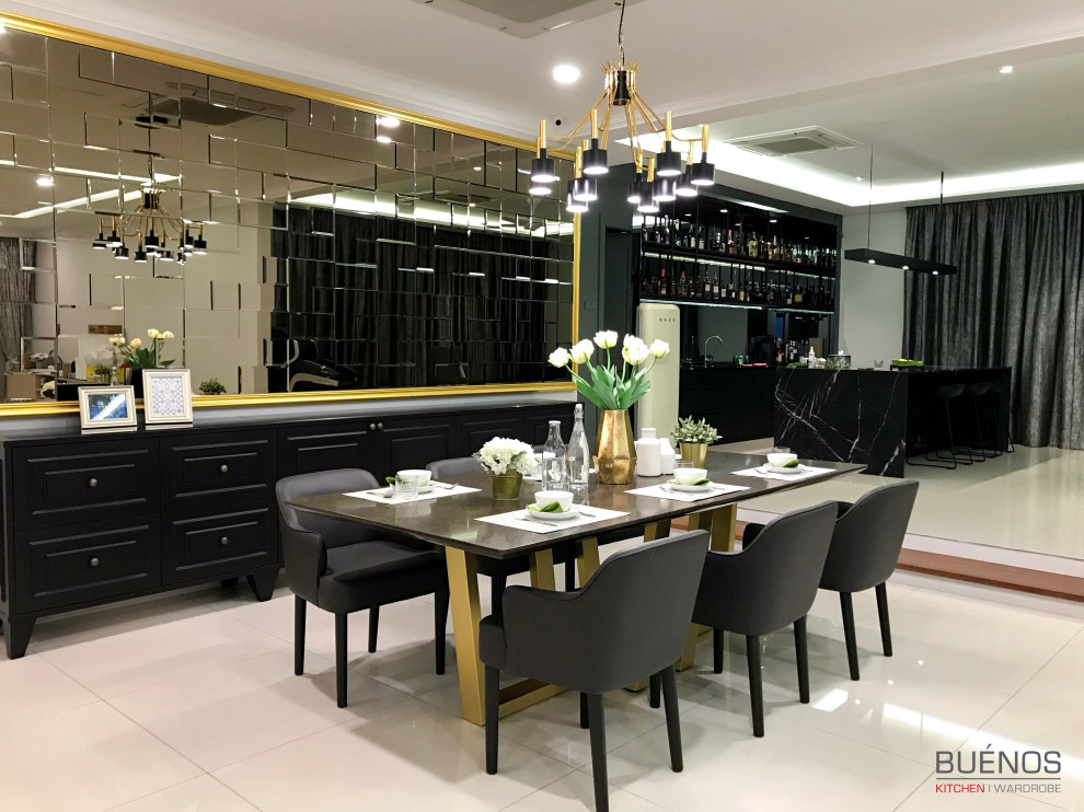 Large trendy single-wall ceramic tile and beige floor eat-in kitchen photo with an integrated sink, beaded inset cabinets, black cabinets, marble countertops, black backsplash, mirror backsplash, an island and black countertops