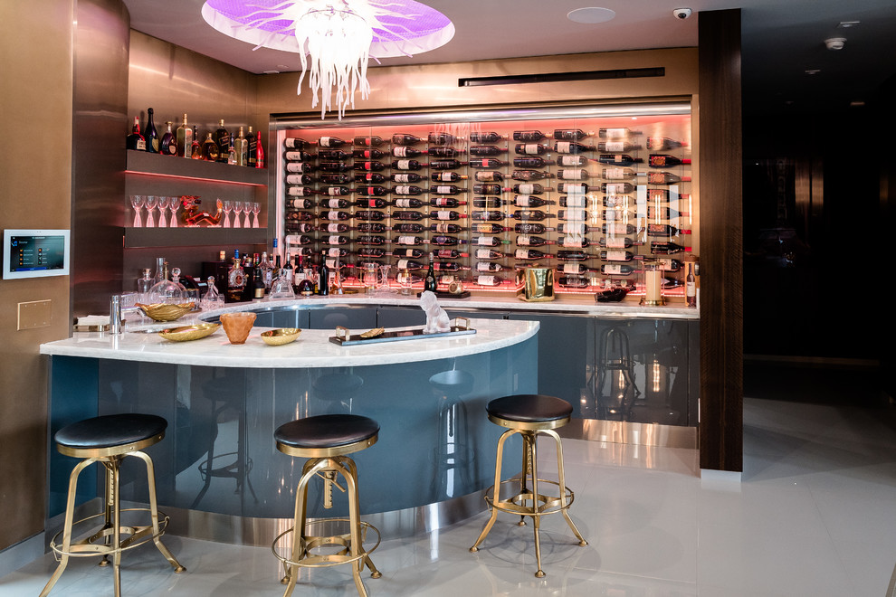 This is an example of a large contemporary home bar in Los Angeles with porcelain floors and white floor.