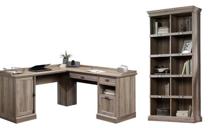 2 Piece Office Set With L Shape Computer Desk And Bookcase In Salt