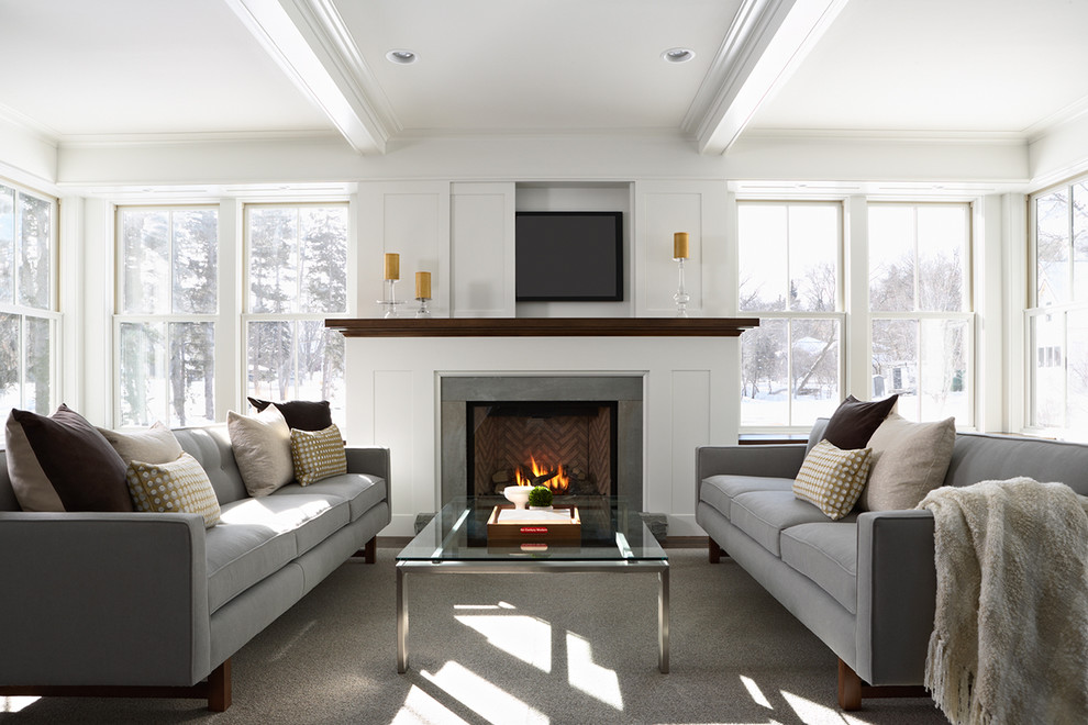 Design ideas for a contemporary living room in Minneapolis with a concealed tv.