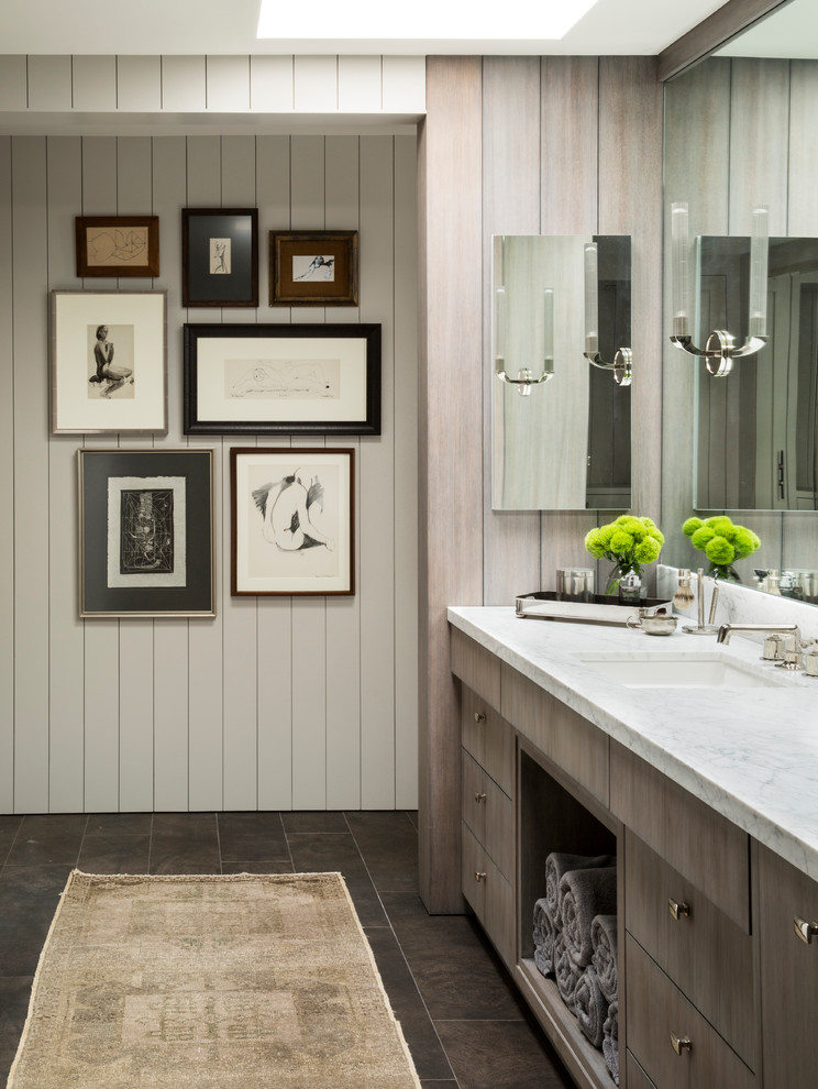 Inspiration for a mid-sized transitional master bathroom in San Francisco with an undermount sink, flat-panel cabinets, light wood cabinets, white walls, a freestanding tub, an alcove shower, gray tile, porcelain tile, travertine floors and marble benchtops.