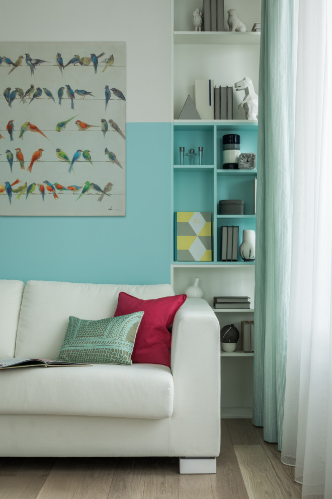 Kids' room - mid-sized contemporary gender-neutral light wood floor, beige floor, tray ceiling and wall paneling kids' room idea in Moscow with multicolored walls