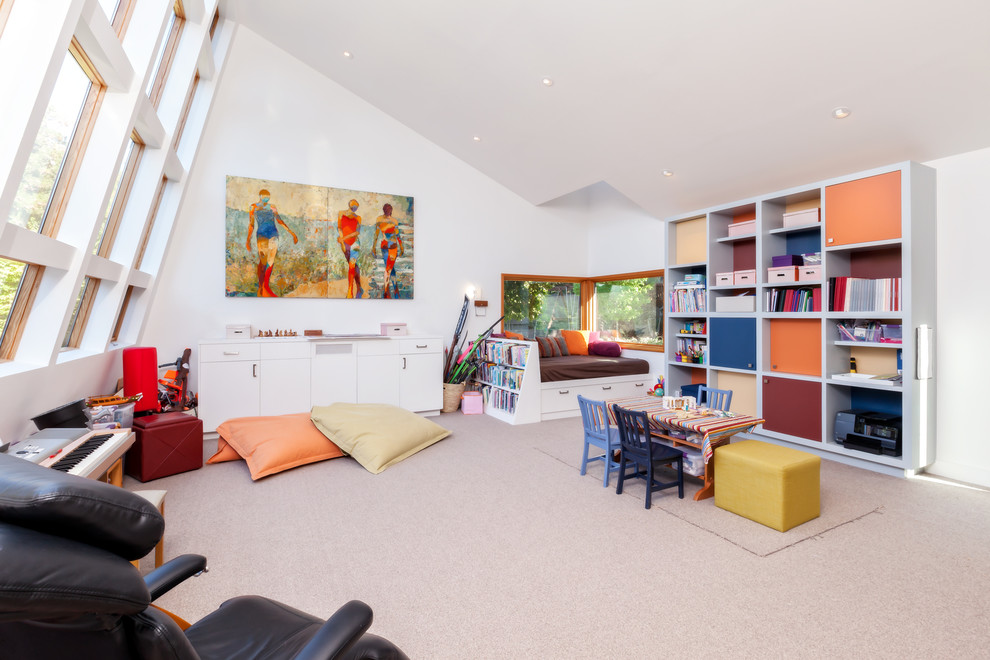 Santa Maria - Inspiration for a mid-sized contemporary gender-neutral carpeted and gray floor playroom remodel in San Francisco with white walls