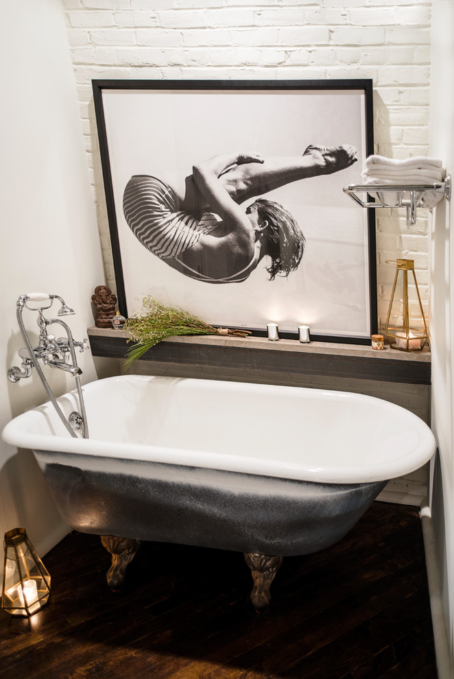 Inspiration for a mid-sized eclectic master bathroom in Philadelphia with a claw-foot tub, white walls, dark hardwood floors, concrete benchtops and brown floor.