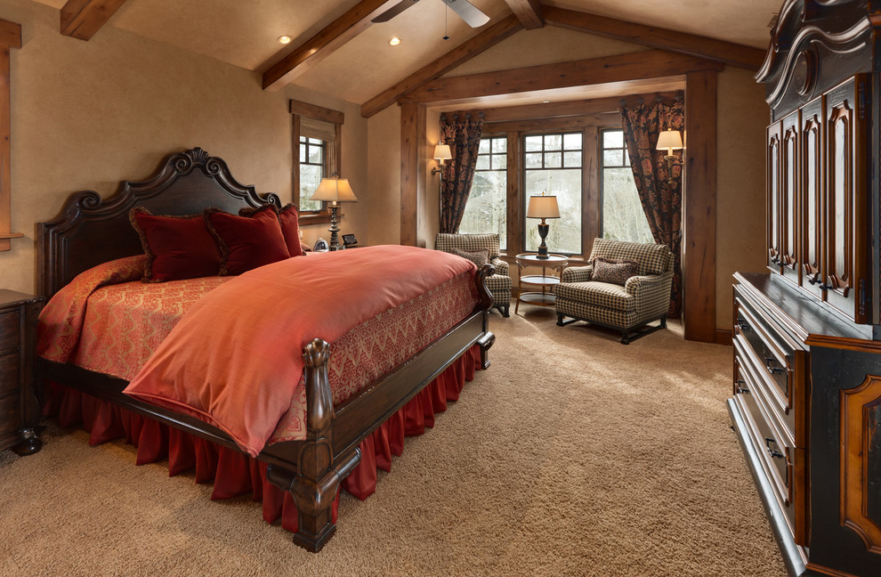 Inspiration for a large arts and crafts guest bedroom in Salt Lake City with beige walls, carpet and no fireplace.
