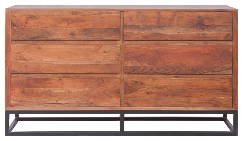 Acacia Wood Dresser Or Display Unit With Metal Base, Walnut Brown And Black Industrial