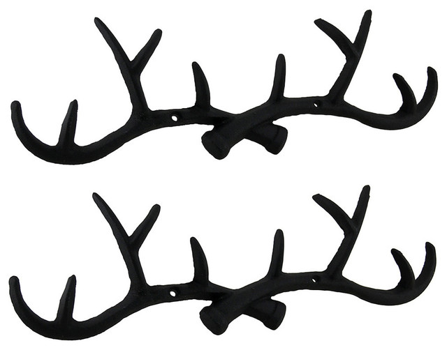 Rustic Black Cast Iron Deer Antler Wall Hooks Hanging, Set of 2