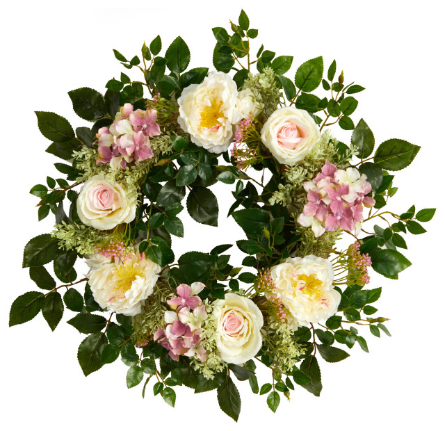 22" Mixed Rose and Hydrangea Artificial Wreath Modern Wreaths And