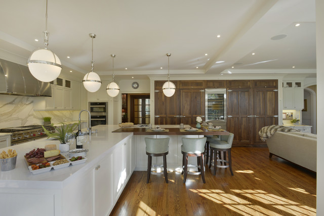 A Dramatic Marble Backsplash in a Transitional Kitchen nyklassisk-koekken