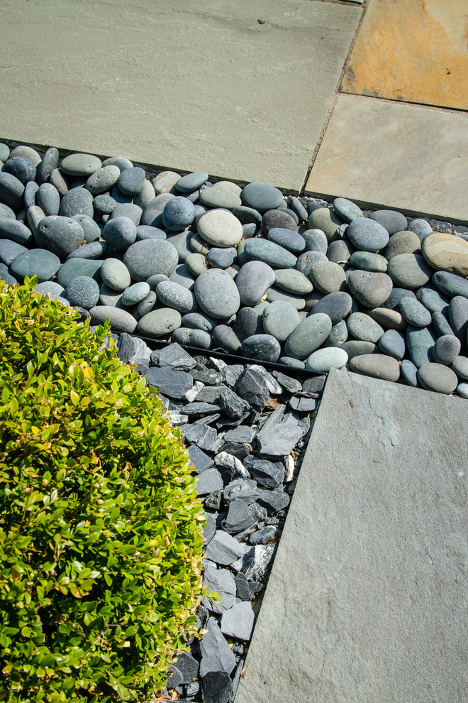 Inspiration for a mid-sized modern front yard full sun xeriscape for summer in Milwaukee with gravel.