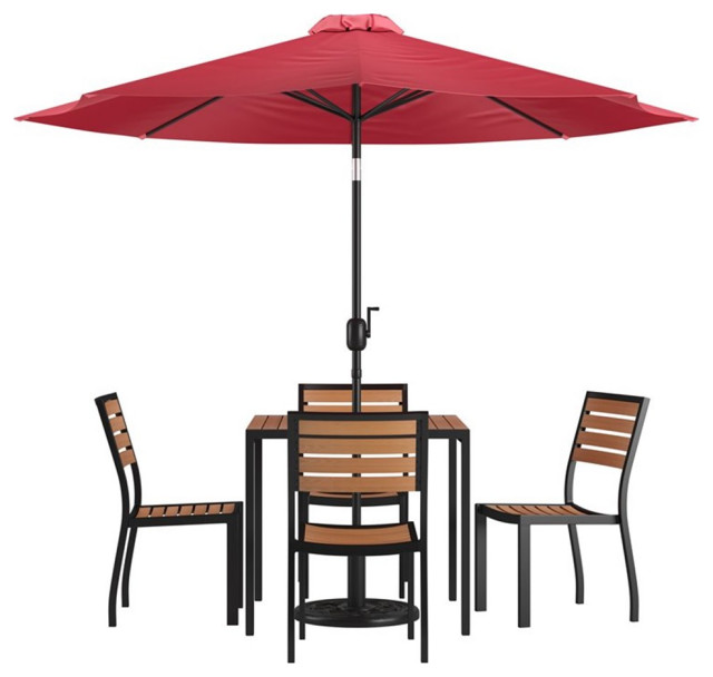 Flash Furniture 7 Piece Metal Patio Dining Set with Umbrella and Base ...