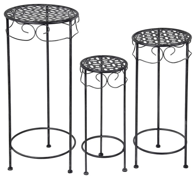 3Piece Black Metal Nesting Round Plant Stand Set Stamped Metal Tops