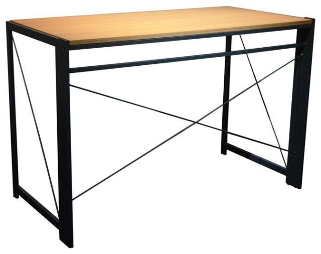 Wood Home Office Folding Table with Metal Support Braces in Brown and Black