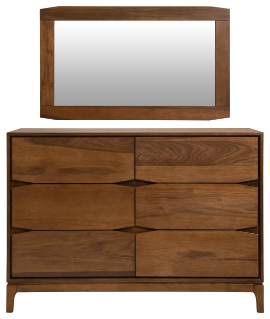 Dresser MIrror 6Drawer Solid Wood, Walnut Transitional Dressers