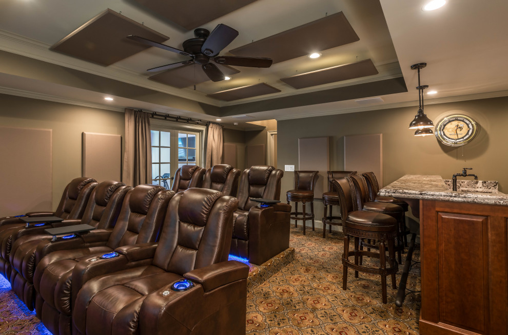 Photo of a mid-sized country home theatre in Atlanta with beige walls, carpet and beige floor.